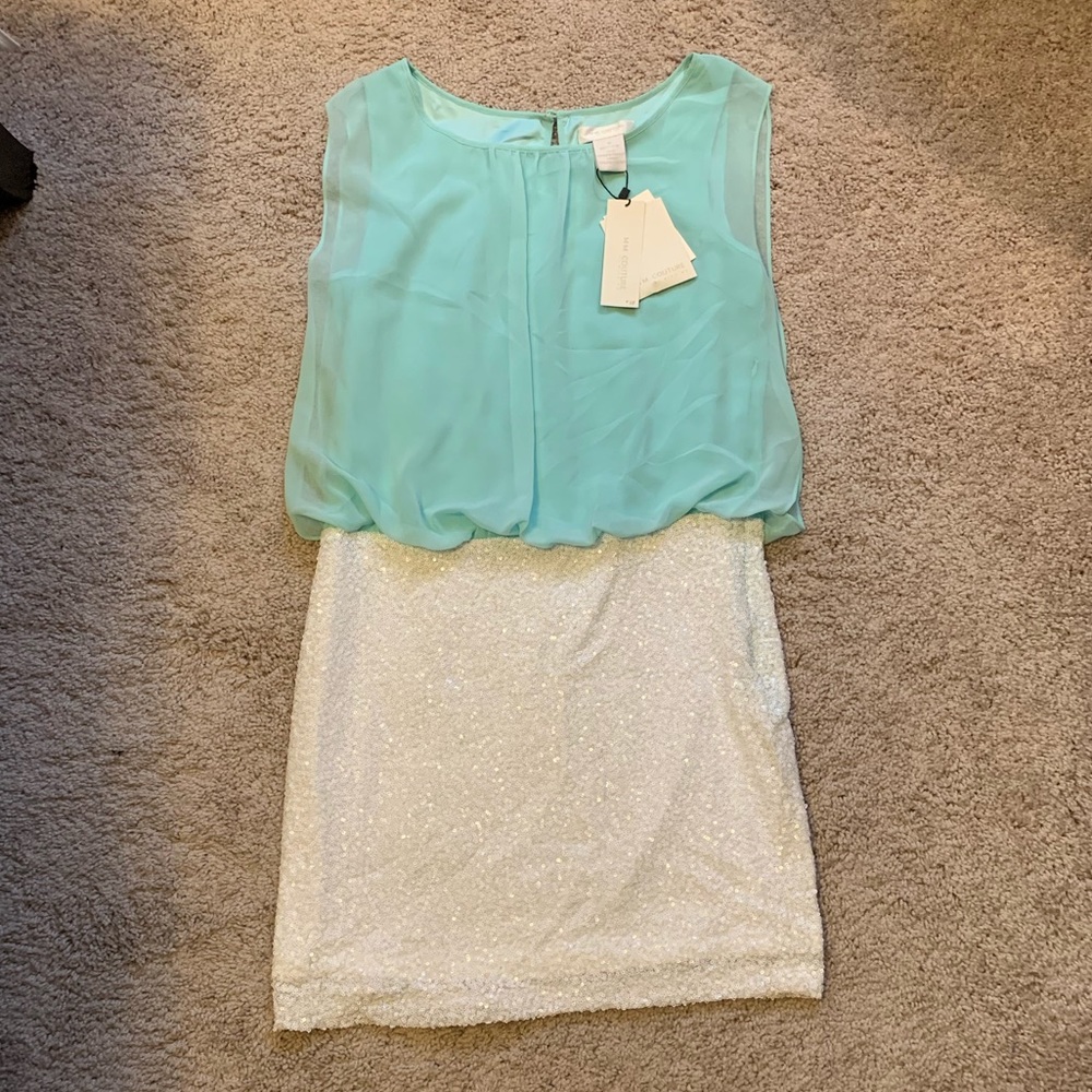 NWT MM Couture Turquoise and White Sequin Dress